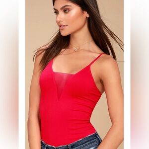 Free People Red Tank Top with Adjustable Spaghetti Straps and Mesh Plunge Front